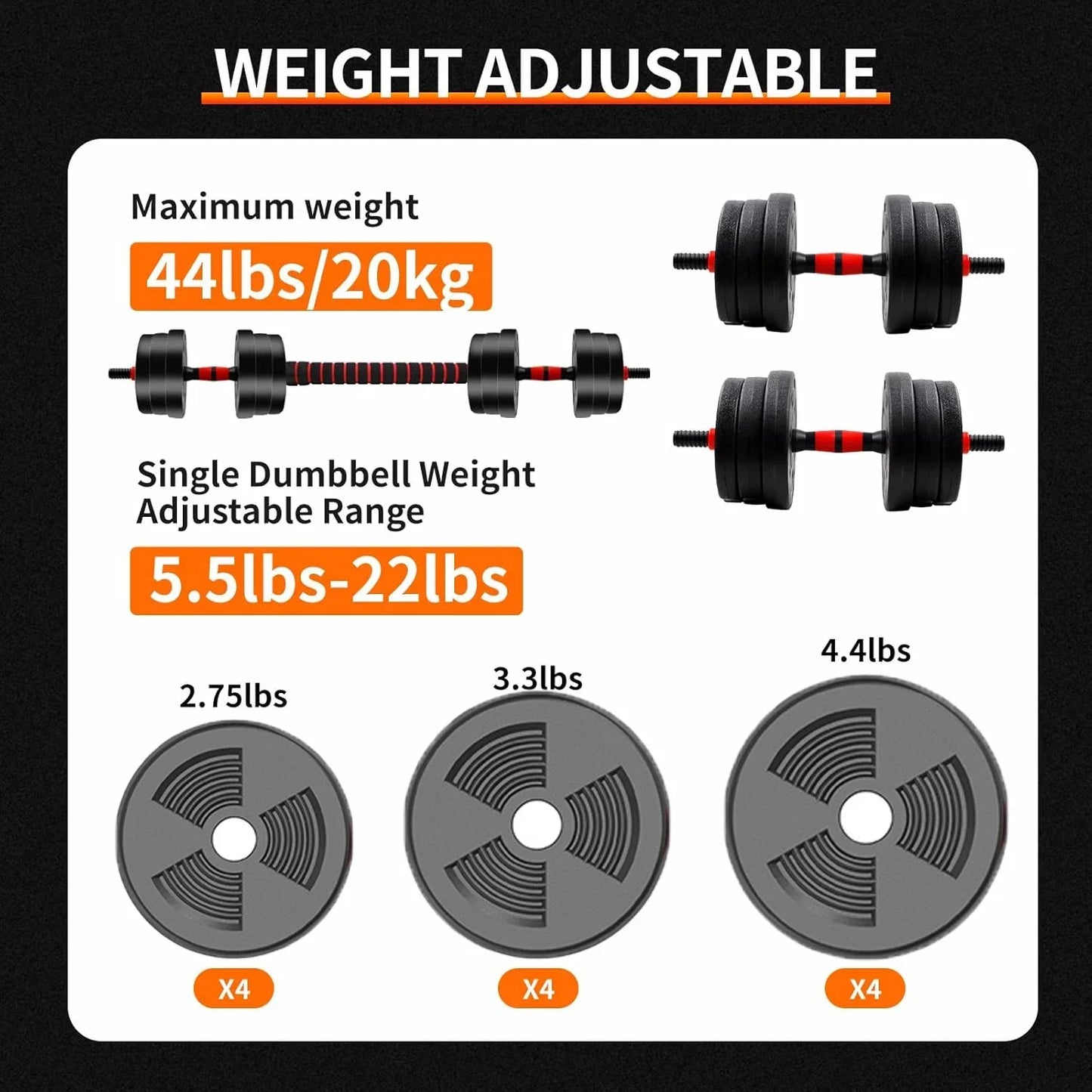 Adjustable dumbbell to barbell set by Fitnessniches, showcasing weights from 5 to 44 lbs in a home gym setting.