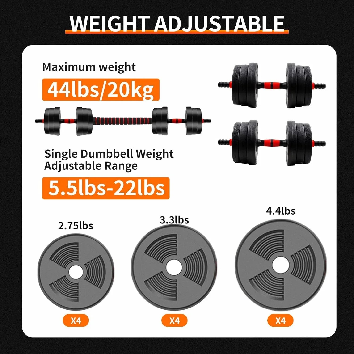 Adjustable dumbbell to barbell set by Fitnessniches, showcasing weights from 5 to 44 lbs in a home gym setting.