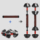 Adjustable dumbbell to barbell set from Fitnessniches, showcasing weights ranging from 5 to 44 lbs in a gym setting.