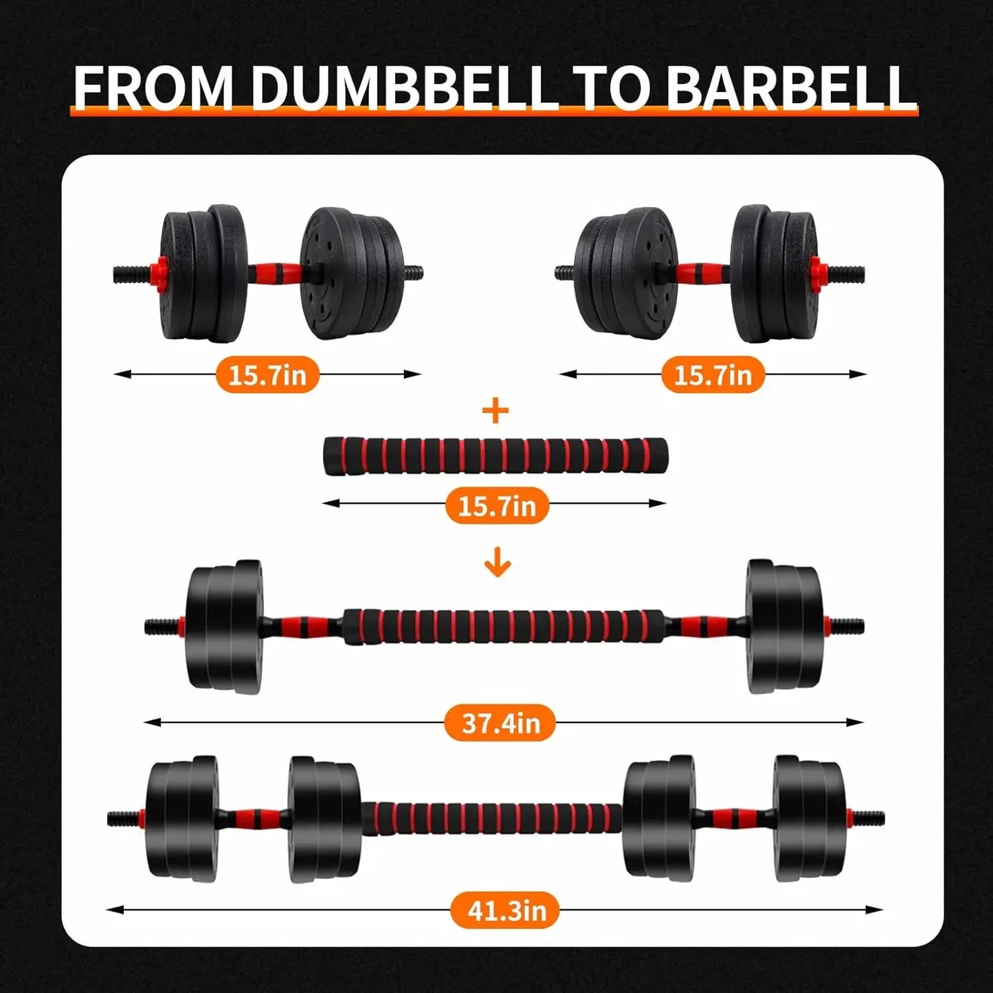 Adjustable Fitnessniches dumbbell to barbell set, ranging from 5 to 44 lbs, displayed with various weight configurations.