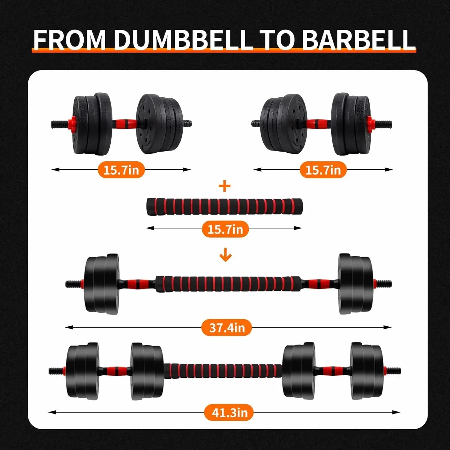 Adjustable Fitnessniches dumbbell to barbell set, ranging from 5 to 44 lbs, displayed with various weight configurations.