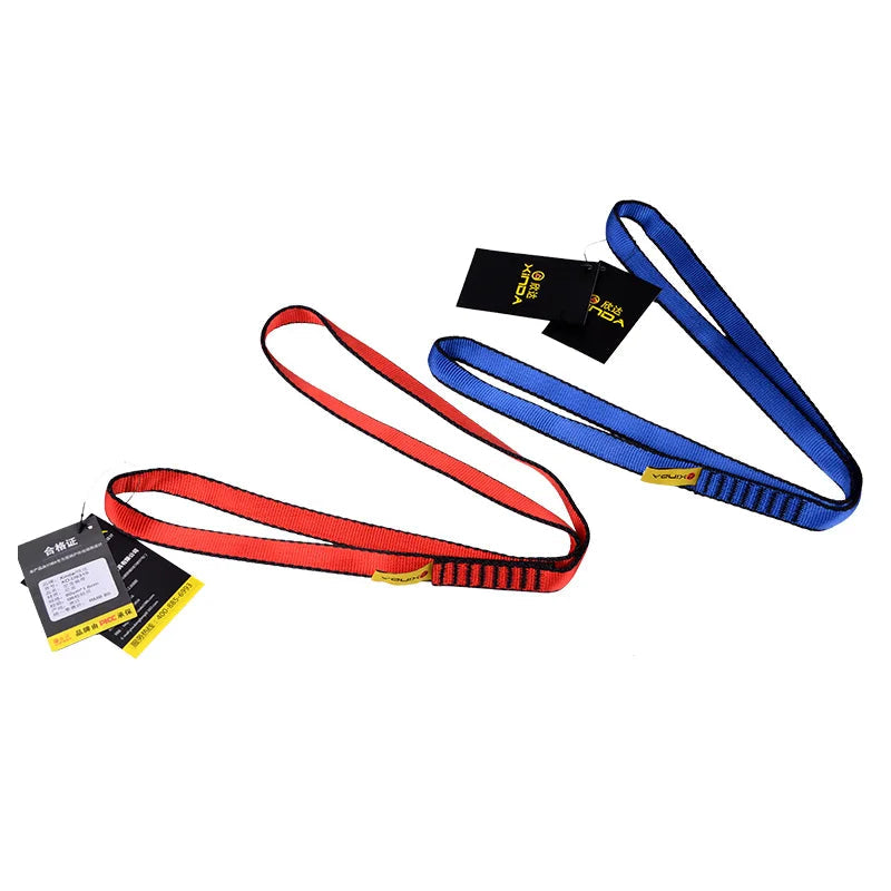 Professional Fitnessniches rock climbing nylon sling belt displayed with adjustable buckle and durable fabric.