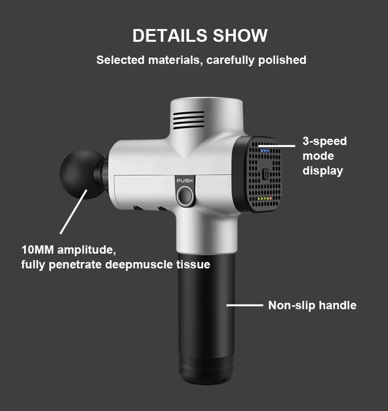 Phoenix A2 Massage Gun by Fitnessniches, featuring ergonomic design and multiple attachments for muscle relief and recovery.