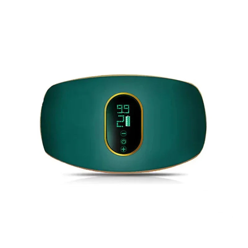 Rechargeable Fitnessniches waist slimming belt displayed on a flat surface, showcasing its sleek design and adjustable straps.