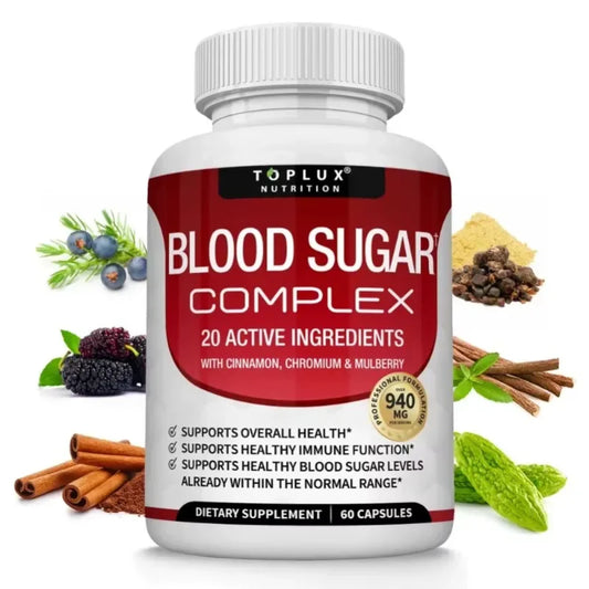 Vitamin C + E Blood Sugar Complex by Fitnessniches, showcasing capsules in a clear bottle for heart and immune support.