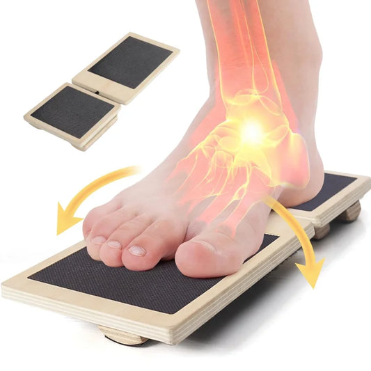 Wooden non-slip wobble balance board by Fitnessniches, showcasing its smooth surface and rounded edges for stability.