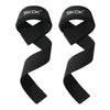 Fitnessniches weightlifting wrist straps in black, designed for support and grip during strength training workouts.