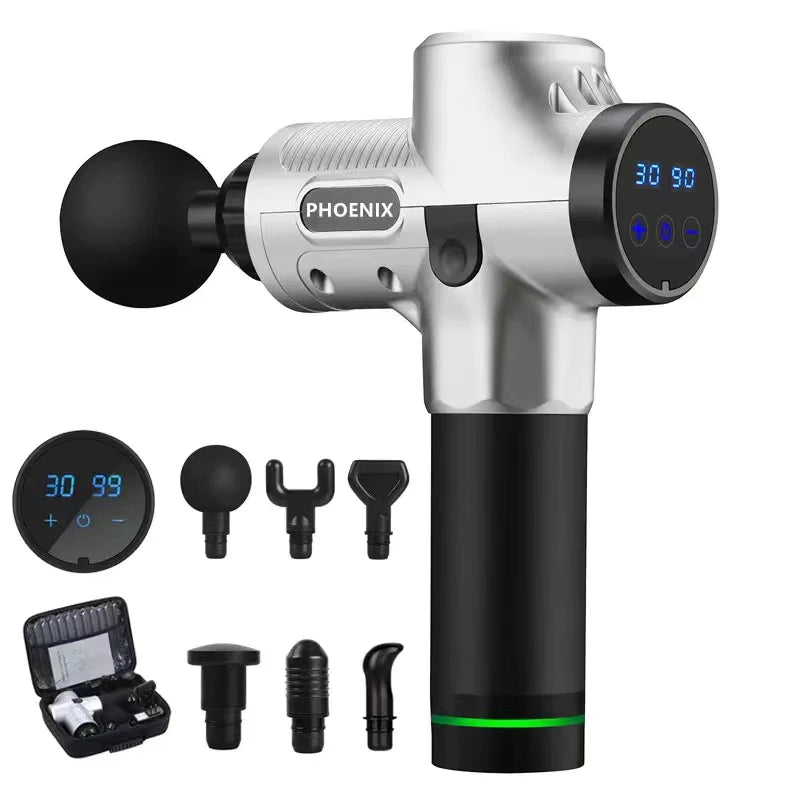 Phoenix A2 Massage Gun by Fitnessniches, showcasing ergonomic design and multiple attachments for muscle relief.