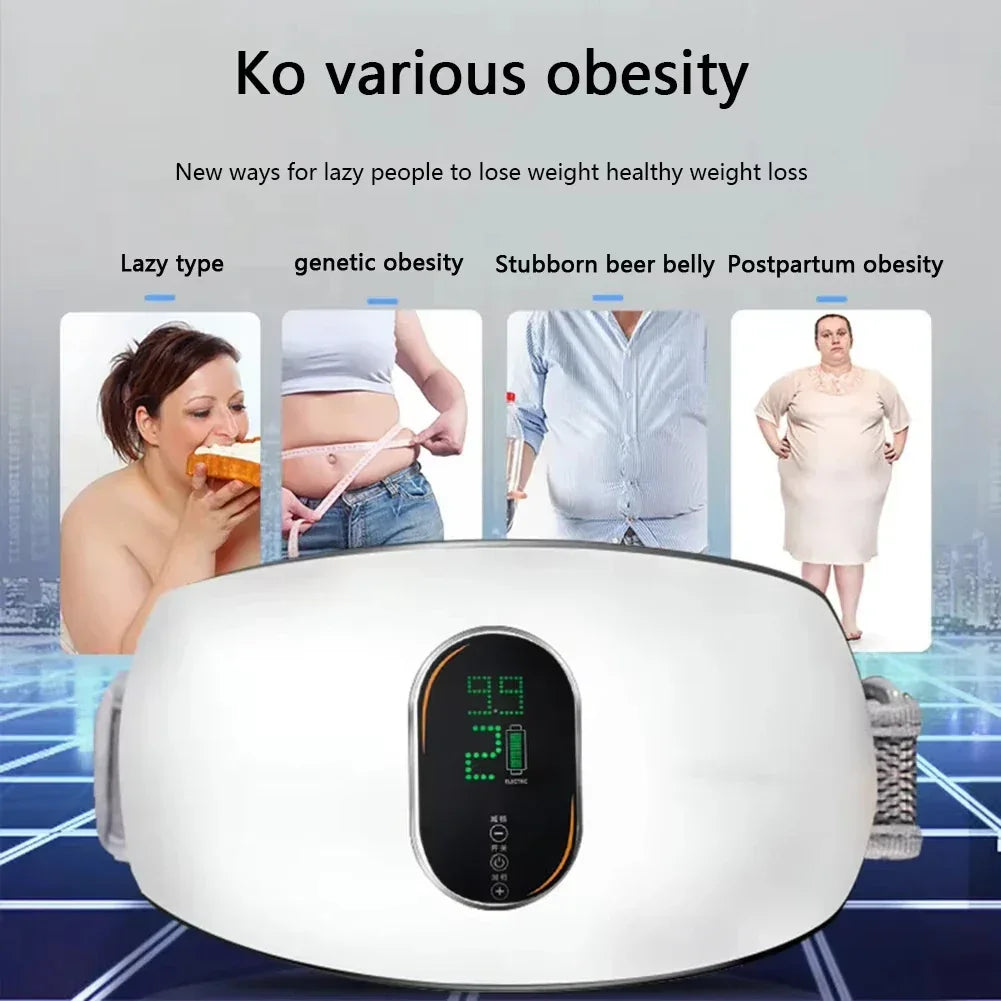 Rechargeable Fitnessniches waist slimming belt shown on a model, highlighting its sleek design and adjustable fit.
