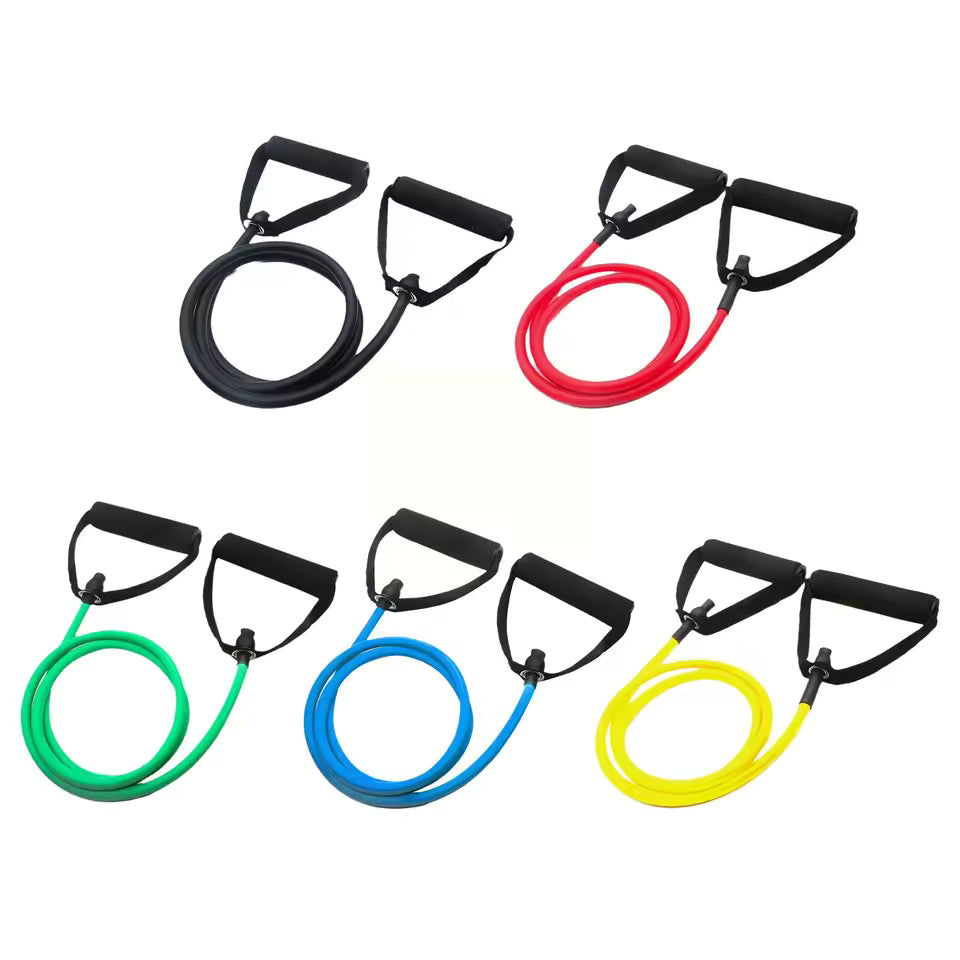 Fitnessniches resistance bands with handles displayed in various colors for strength training and exercise workouts.