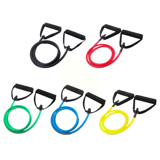 Fitnessniches resistance bands with handles displayed in various colors for strength training and exercise workouts.