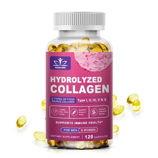 Hydrolyzed collagen powder with hyaluronic acid for beauty and joint support, displayed in a clean, modern container.
