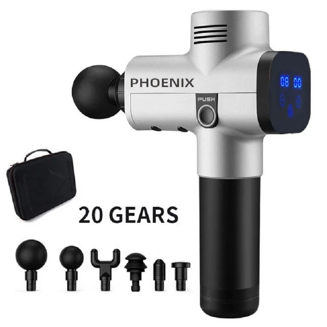 Phoenix A2 Massage Gun from Fitnessniches, featuring a sleek design and ergonomic handle for effective muscle relief.