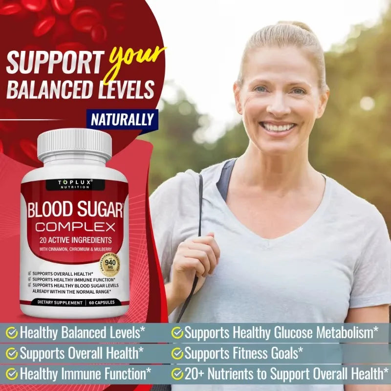 Vitamin C + E Blood Sugar Complex capsules by Fitnessniches for heart and immune support on a white background.