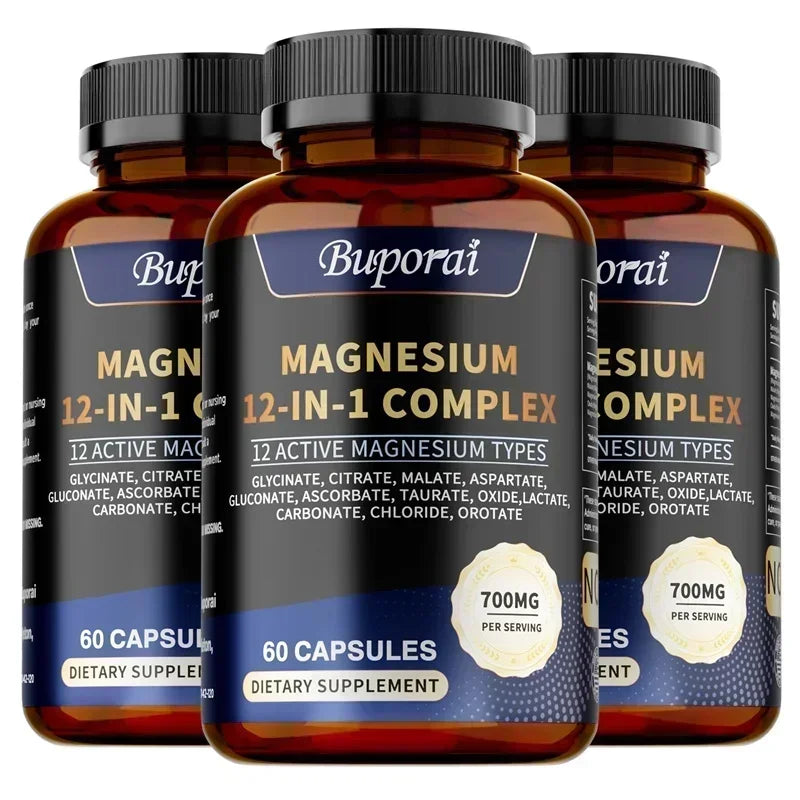 Fitnessniches Magnesium 12-in-1 Complex bottle with a green and white label on a wooden surface.