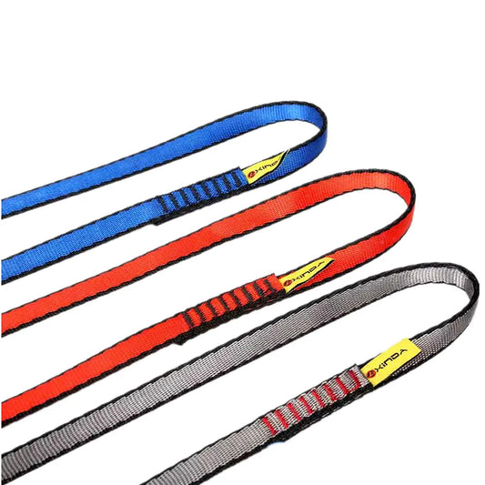 Professional Fitnessniches rock climbing nylon sling belt, showcasing durable material and adjustable design for climbers.