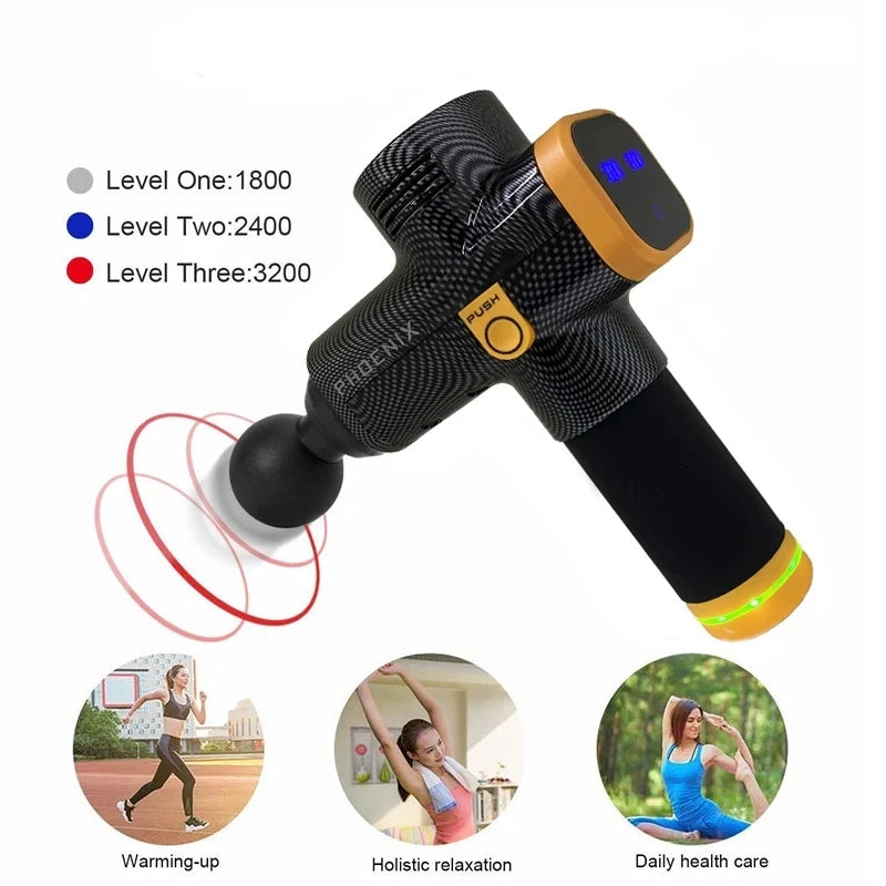 Phoenix A2 Massage Gun by Fitnessniches, featuring ergonomic design and multiple attachments for muscle recovery.