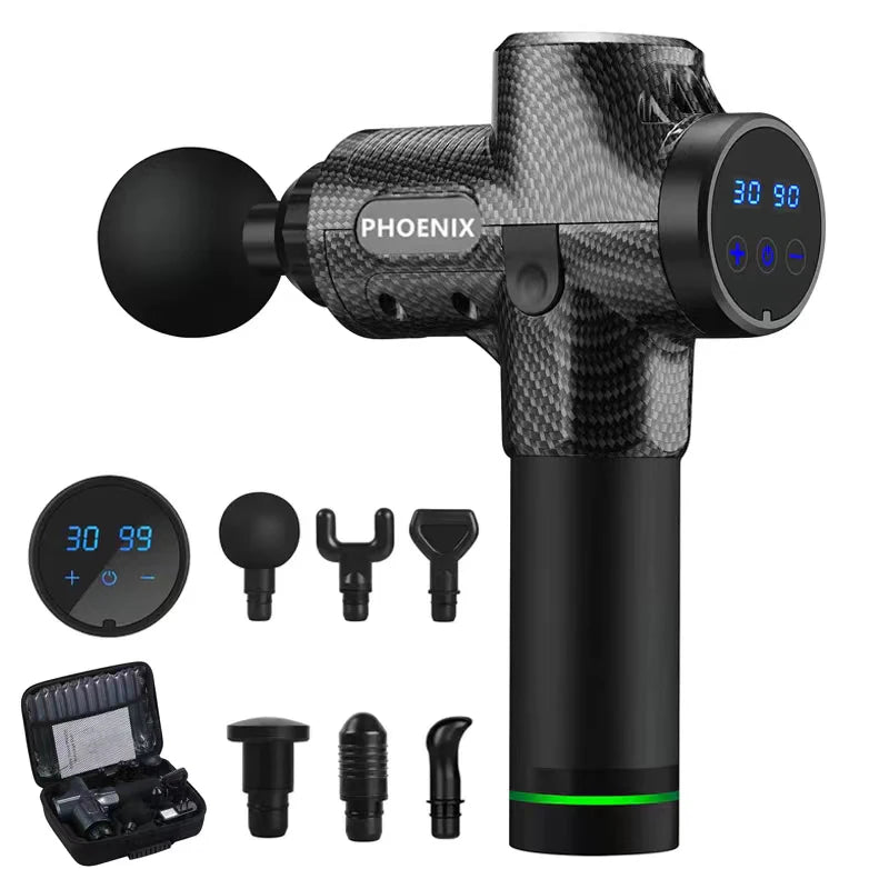 Phoenix A2 Massage Gun by Fitnessniches with ergonomic handle and massage head displayed on a flat surface.
