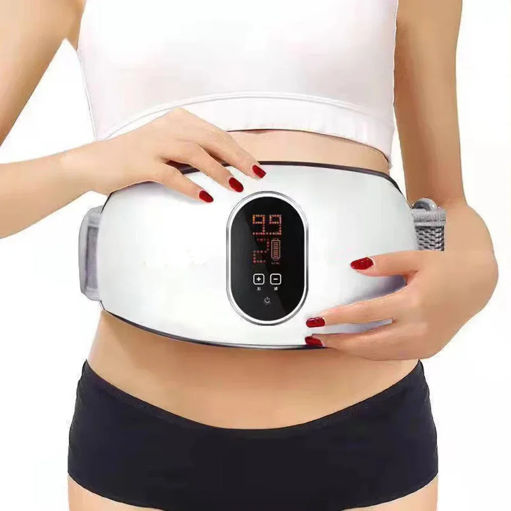 Fitnessniches rechargeable waist slimming belt displayed on a flat surface, showcasing its design and adjustable straps.