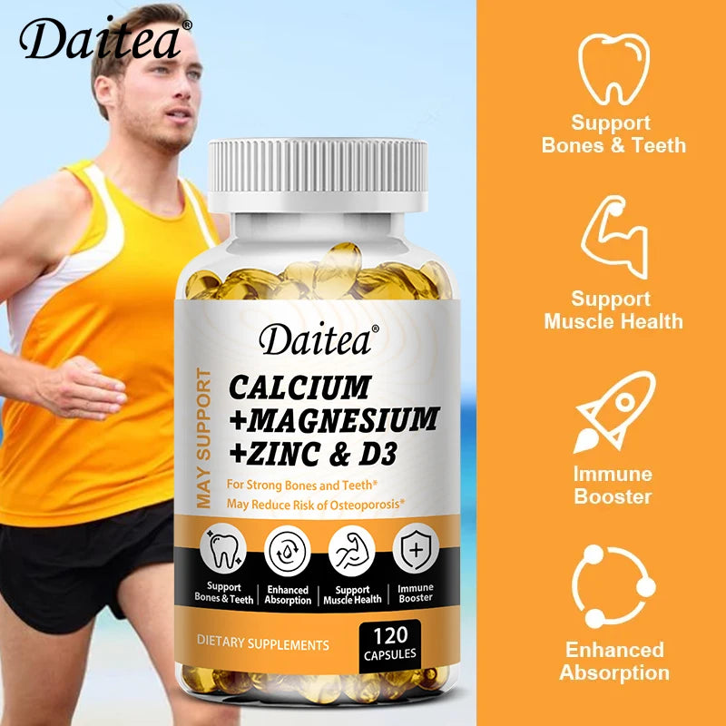 Cal-Mag-Zinc + D3 Complete Support supplement bottle by Fitnessniches, featuring a clear label and vibrant packaging.