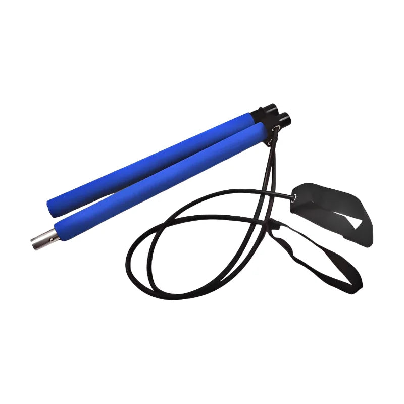 Portable Fitnessniches yoga Pilates bar with resistance bands, set against a neutral background in a home workout setting.