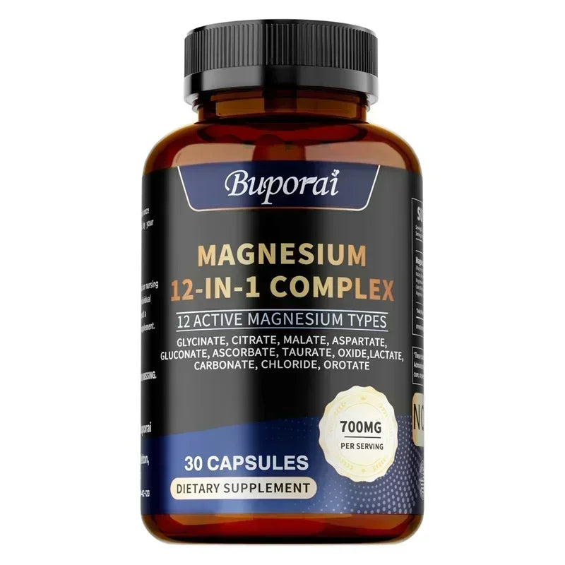 Fitnessniches Magnesium 12-in-1 Complex bottle with capsules, showcasing the label and product design.