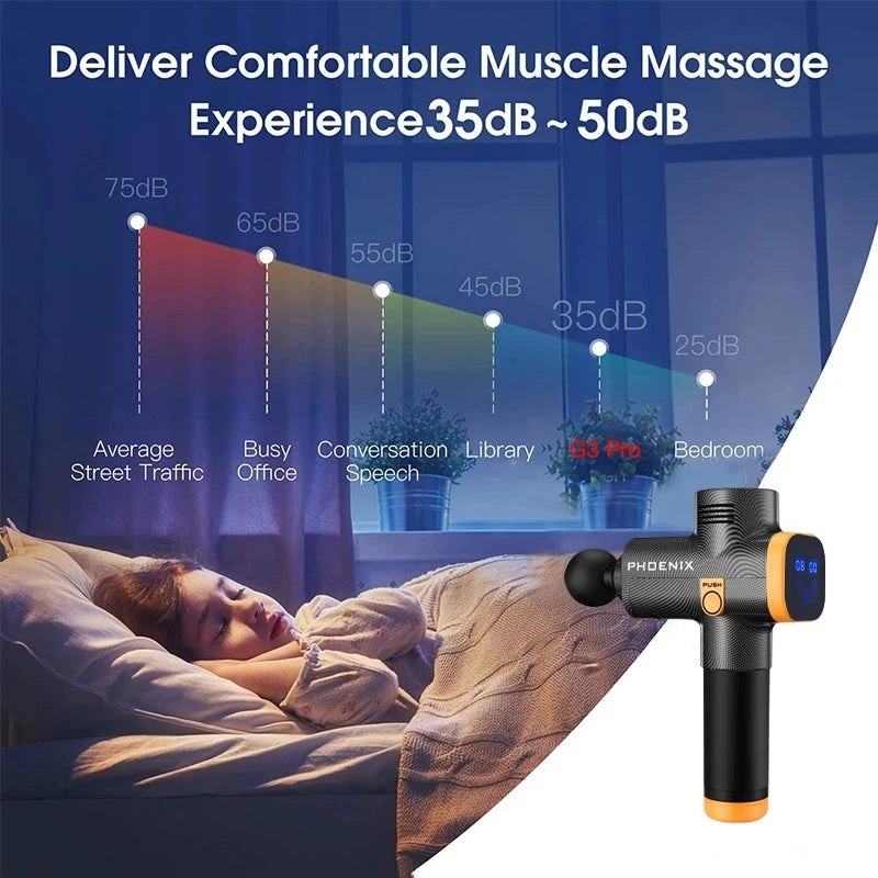 Phoenix A2 Massage Gun by Fitnessniches with ergonomic handle and multiple attachment heads for muscle recovery.